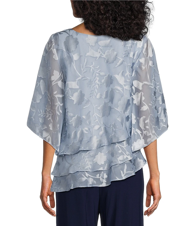 Alex Evenings 3/4 Illusion Sleeve Crew Neck Asymmetrical Triple Tier Hem Printed Chiffon Blouse
