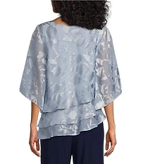 Alex Evenings 3/4 Illusion Sleeve Crew Neck Asymmetrical Triple Tier Hem Printed Chiffon Blouse