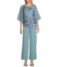 Alex Evenings 3/4 Illusion Sleeve Crew Neck Asymmetrical Triple Tier Hem Printed Chiffon Blouse