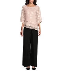 Alex Evenings 3/4 Illusion Sleeve Crew Neck Asymmetrical Triple Tier Hem Printed Chiffon Blouse