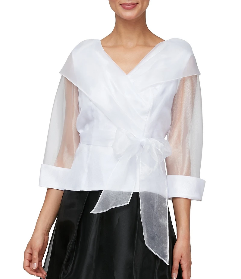 Alex Evenings 3/4 Illusion Sleeve Portrait Collar Tie Waist Organza Blouse