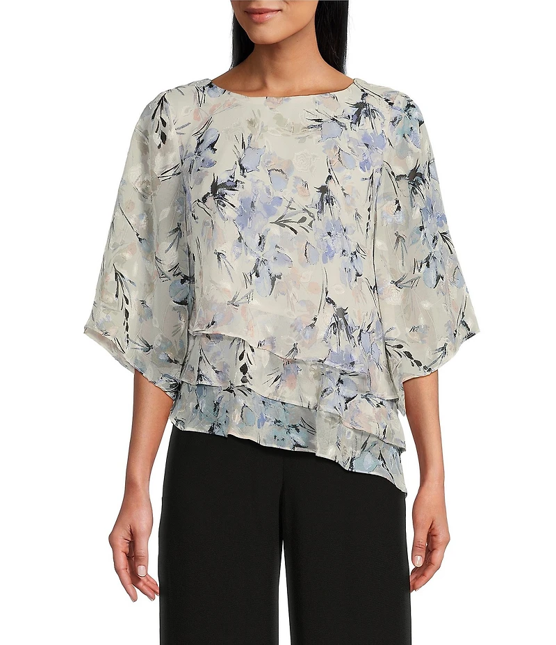Alex Evenings 3/4 Sleeve Boat Neck Asymmetrical Triple Tier Floral Chiffon Blouse