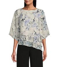 Alex Evenings 3/4 Sleeve Boat Neck Asymmetrical Triple Tier Floral Chiffon Blouse