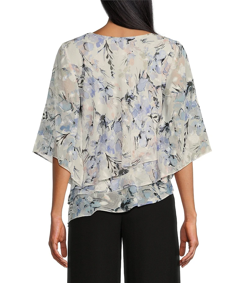 Alex Evenings 3/4 Sleeve Boat Neck Asymmetrical Triple Tier Floral Chiffon Blouse