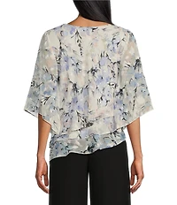 Alex Evenings 3/4 Sleeve Boat Neck Asymmetrical Triple Tier Floral Chiffon Blouse