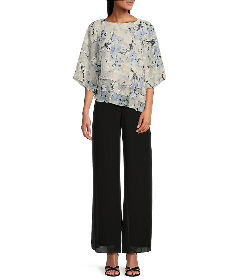 Alex Evenings 3/4 Sleeve Boat Neck Asymmetrical Triple Tier Floral Chiffon Blouse