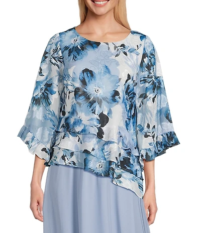 Alex Evenings 3/4 Sleeve Boat Neck Asymmetrical Triple Tier Hem Floral Print Chiffon Blouse