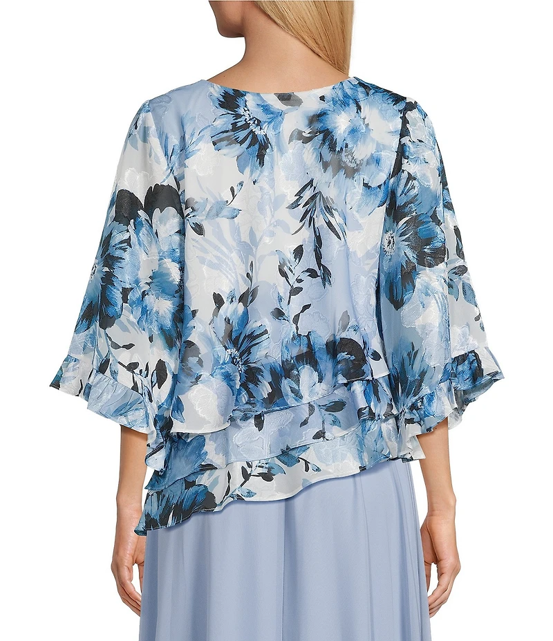 Alex Evenings 3/4 Sleeve Boat Neck Asymmetrical Triple Tier Hem Floral Print Chiffon Blouse