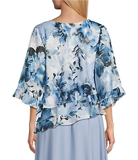Alex Evenings 3/4 Sleeve Boat Neck Asymmetrical Triple Tier Hem Floral Print Chiffon Blouse