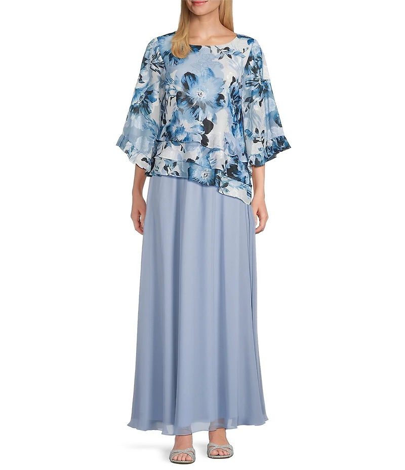 Alex Evenings 3/4 Sleeve Boat Neck Asymmetrical Triple Tier Hem Floral Print Chiffon Blouse