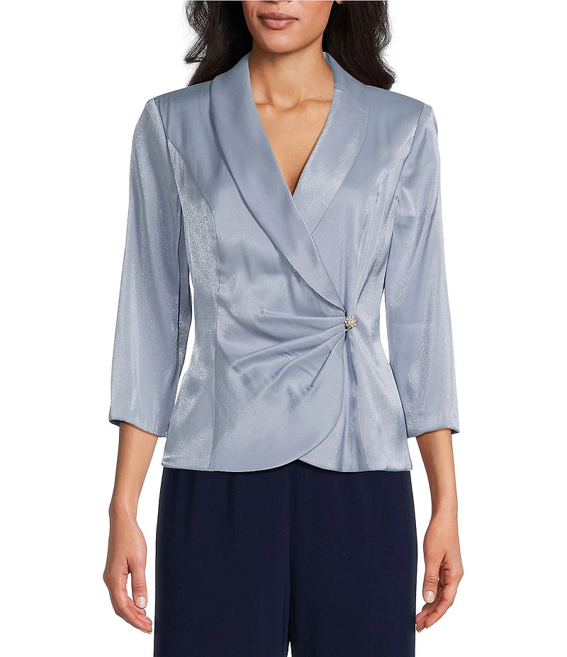 Alex Evenings 3/4 Sleeve Collar Neck Shimmer Satin Blouse