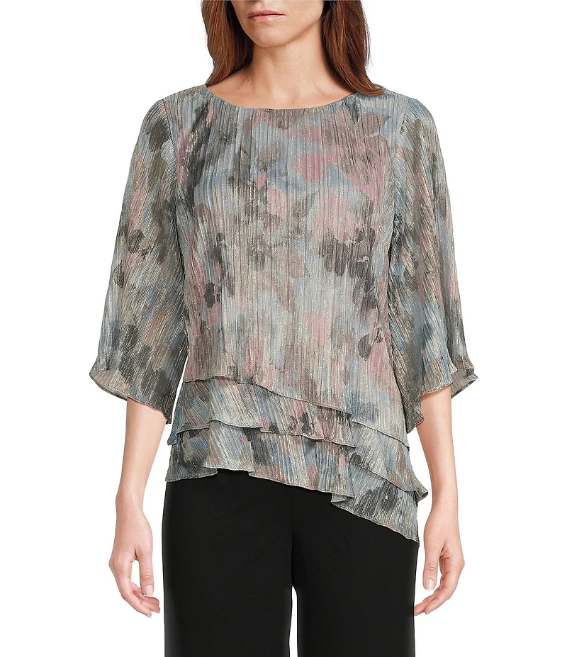 Alex Evenings 3/4 Sleeve Crew Neck Asymmetrical Triple Tier Hem Printed Chiffon Blouse