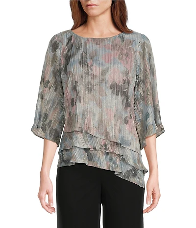 Alex Evenings 3/4 Sleeve Crew Neck Asymmetrical Triple Tier Hem Printed Chiffon Blouse