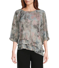 Alex Evenings 3/4 Sleeve Crew Neck Asymmetrical Triple Tier Hem Printed Chiffon Blouse