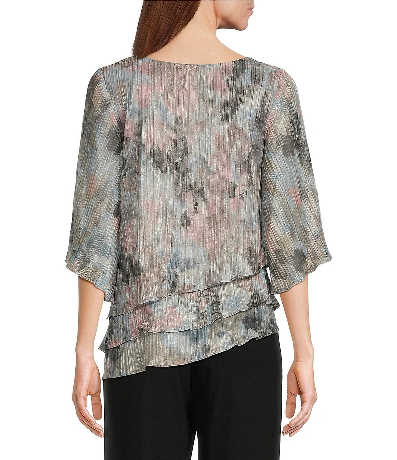 Alex Evenings 3/4 Sleeve Crew Neck Asymmetrical Triple Tier Hem Printed Chiffon Blouse