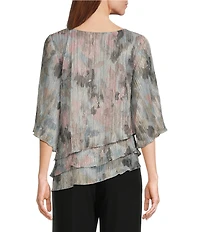 Alex Evenings 3/4 Sleeve Crew Neck Asymmetrical Triple Tier Hem Printed Chiffon Blouse