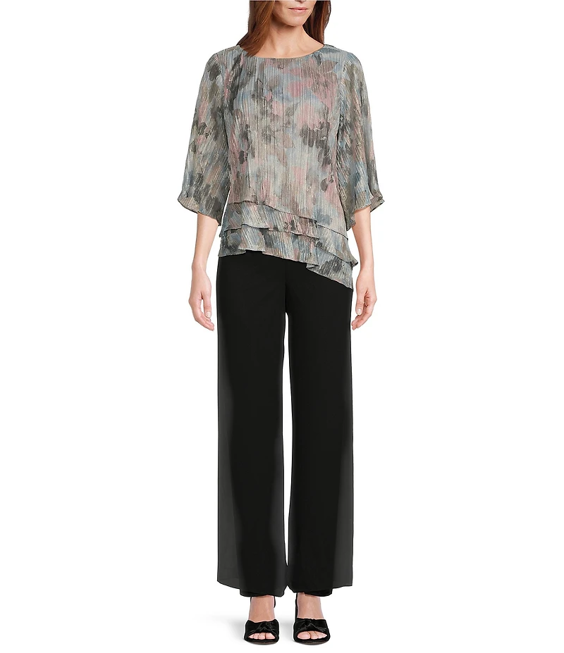 Alex Evenings 3/4 Sleeve Crew Neck Asymmetrical Triple Tier Hem Printed Chiffon Blouse