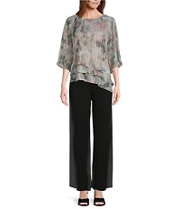 Alex Evenings 3/4 Sleeve Crew Neck Asymmetrical Triple Tier Hem Printed Chiffon Blouse