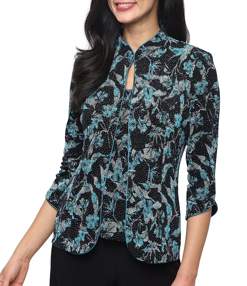 Alex Evenings 3/4 Sleeve Mandarin Neck Glitter Knit Twinset