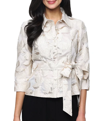 Alex Evenings 3/4 Sleeve Metallic Jacquard Button Front Blouse