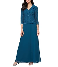 Alex Evenings 3/4 Sleeve Portrait Collar Chiffon Lace Gown