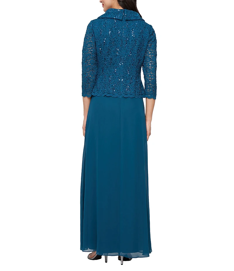 Alex Evenings 3/4 Sleeve Portrait Collar Chiffon Lace Gown