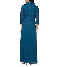 Alex Evenings 3/4 Sleeve Portrait Collar Chiffon Lace Gown