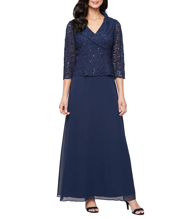 Alex Evenings 3/4 Sleeve Portrait Collar Chiffon Lace Gown
