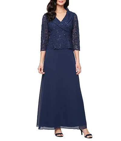 Alex Evenings 3/4 Sleeve Portrait Collar Chiffon Lace Gown