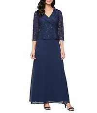 Alex Evenings 3/4 Sleeve Portrait Collar Chiffon Lace Gown