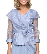 Alex Evenings 3/4 Sleeve Portrait Collar Tie Waist Floral Blouse