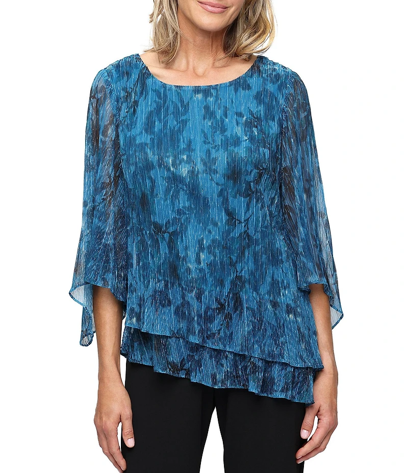 Alex Evenings 3/4 Sleeve Printed Bodre Metallic Knit Blouse