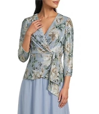 Alex Evenings 3/4 Sleeve Printed Sequin Drape Detail Blouse