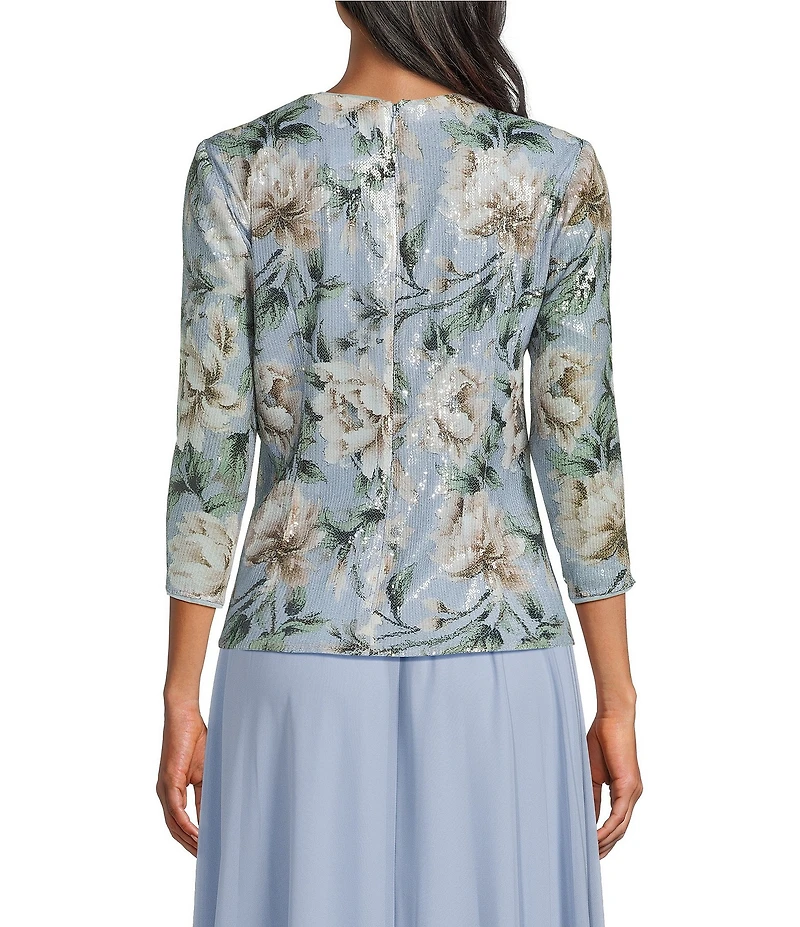 Alex Evenings 3/4 Sleeve Printed Sequin Drape Detail Blouse