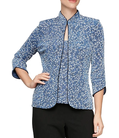 Alex Evenings Mock Neck 3/4 Sleeve Piping Glitter Embellished Printed 2-Piece Twinset