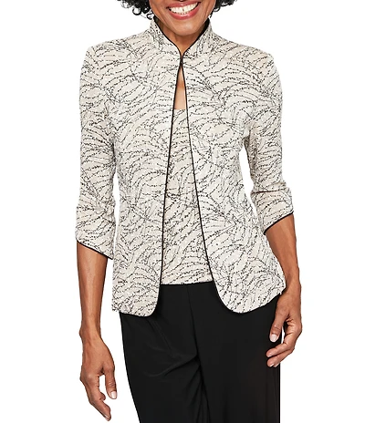 Alex Evenings Mock Neck 3/4 Sleeve Piping Glitter Embellished Printed 2-Piece Twinset