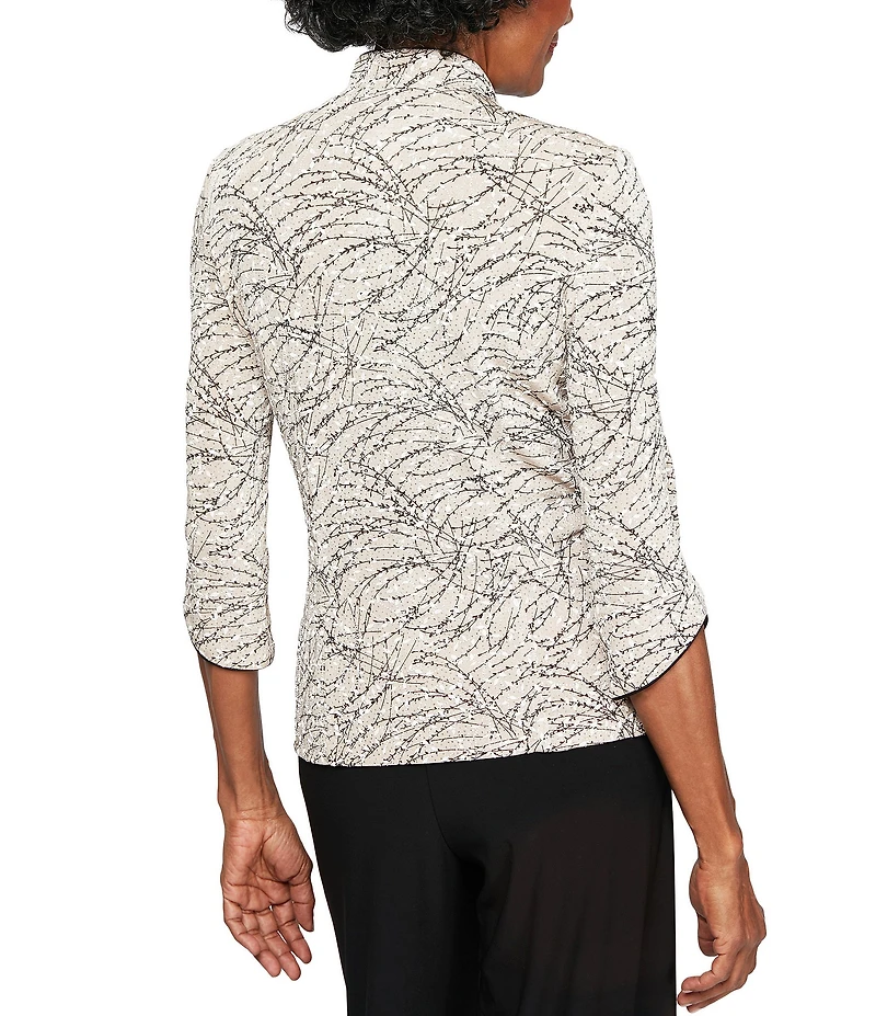 Alex Evenings Mock Neck 3/4 Sleeve Piping Glitter Embellished Printed 2-Piece Twinset