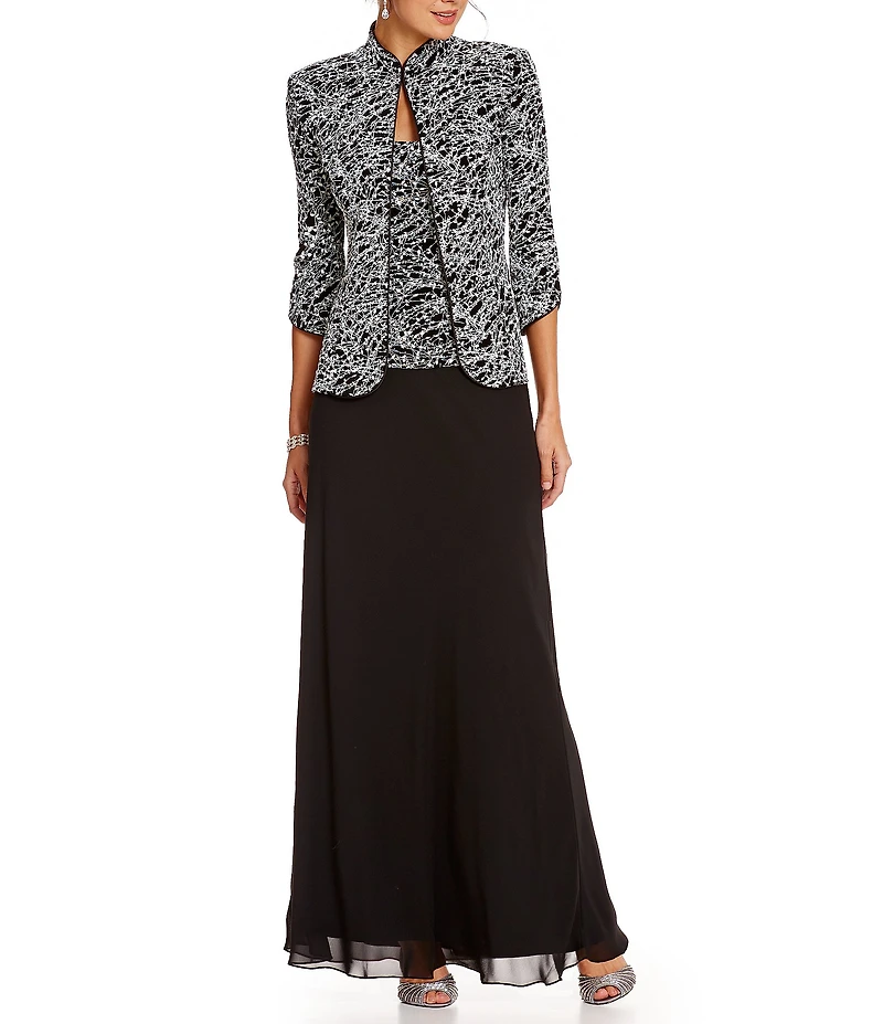 Alex Evenings Mock Neck 3/4 Sleeve Piping Glitter Embellished Printed 2-Piece Twinset