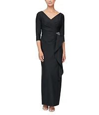 Alex Evenings Contour 3/4 Sleeve Surplice V-Neck Cascade Ruffle Skirt Gown