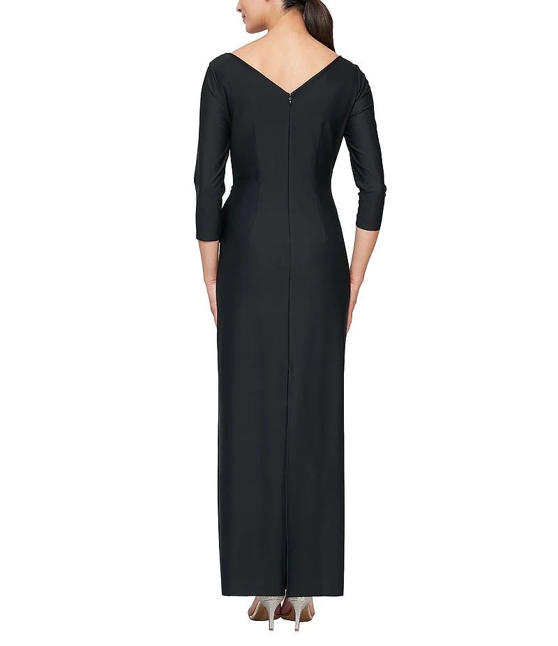 Alex Evenings Contour 3/4 Sleeve Surplice V-Neck Cascade Ruffle Skirt Gown