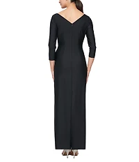 Alex Evenings Contour 3/4 Sleeve Surplice V-Neck Cascade Ruffle Skirt Gown