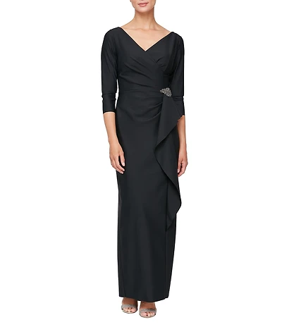 Alex Evenings Contour 3/4 Sleeve Surplice V-Neck Cascade Ruffle Skirt Gown