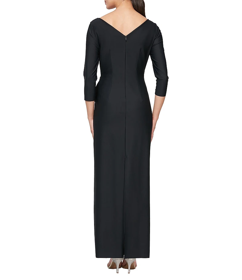 Alex Evenings Contour 3/4 Sleeve Surplice V-Neck Cascade Ruffle Skirt Gown