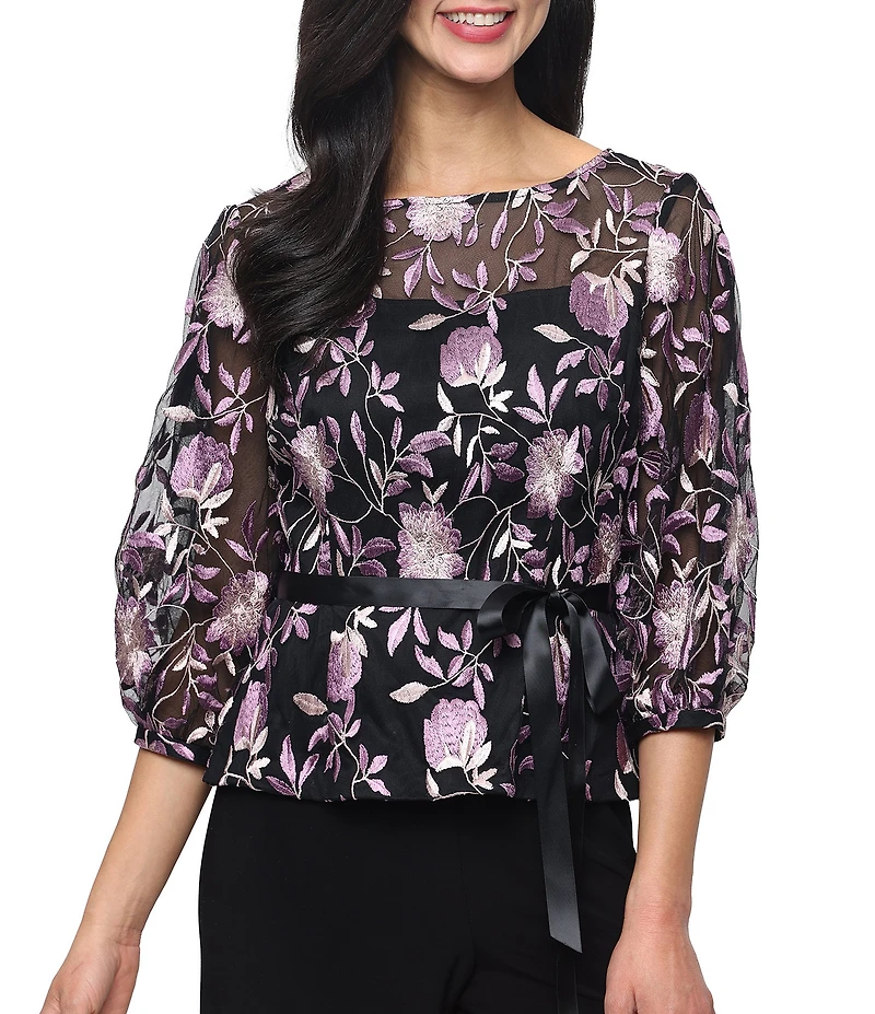 Alex Evenings Boat Neck 3/4 Illusion Sleeve Tie Sash Belt Embroidered Stretch Tulle Blouse