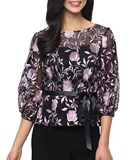 Alex Evenings Boat Neck 3/4 Illusion Sleeve Tie Sash Belt Embroidered Stretch Tulle Blouse