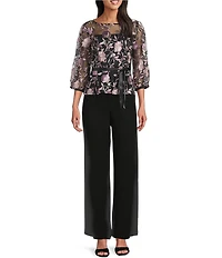 Alex Evenings Boat Neck 3/4 Illusion Sleeve Tie Sash Belt Embroidered Stretch Tulle Blouse