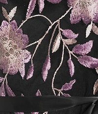 Alex Evenings Boat Neck 3/4 Illusion Sleeve Tie Sash Belt Embroidered Stretch Tulle Blouse