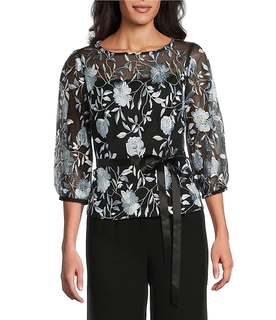 Alex Evenings Boat Neck 3/4 Illusion Sleeve Tie Sash Belt Embroidered Stretch Tulle Blouse