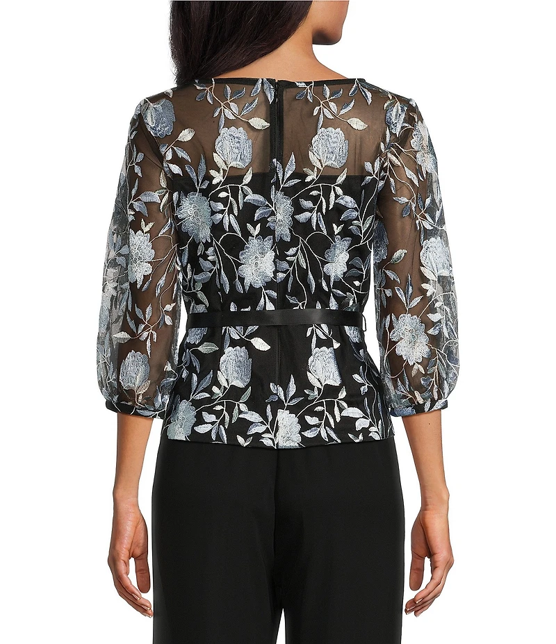 Alex Evenings Boat Neck 3/4 Illusion Sleeve Tie Sash Belt Embroidered Stretch Tulle Blouse