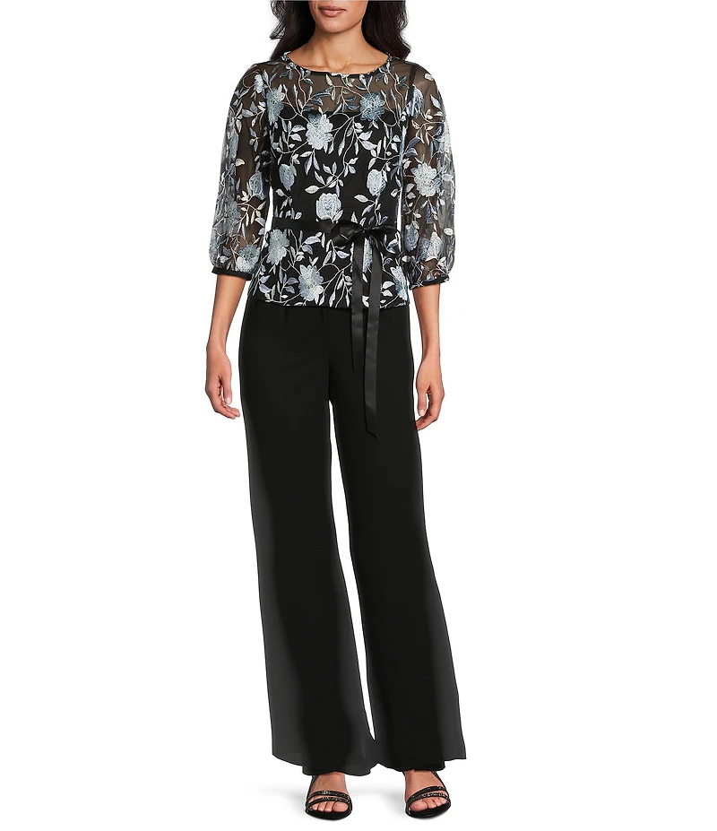 Alex Evenings Boat Neck 3/4 Illusion Sleeve Tie Sash Belt Embroidered Stretch Tulle Blouse